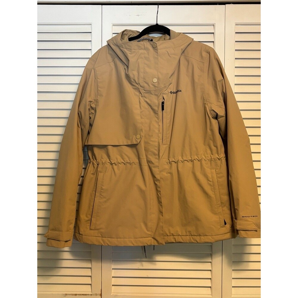 Columbia Women XL Omni-Tech Hooded Insulated Jacket Tan Khaki Waterproof WL4333
